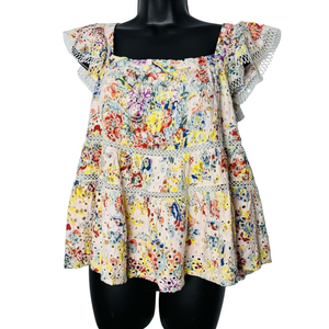 En Saison Adorable Eyelet Floral Multicolor Off-Shoulder Ruffle Top